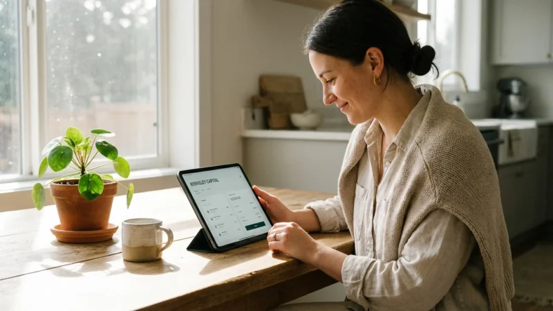 A person calmly reviewing financial growth on a tablet in a bright, modern kitchen.