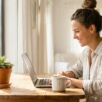 A woman smiling at her laptop in a bright, modern home office, symbolizing financial confidence.