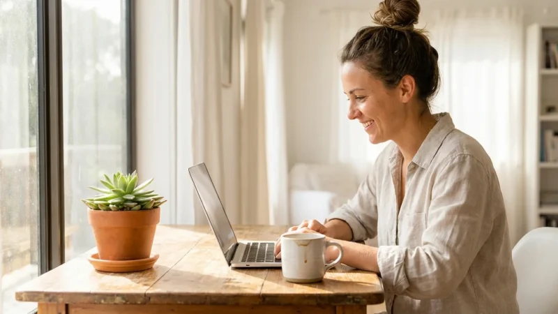 A woman smiling at her laptop in a bright, modern home office, symbolizing financial confidence.