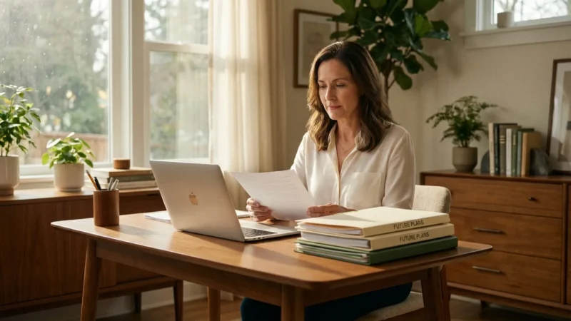 A person sitting at a bright desk organizing medical paperwork with a calm, determined look.