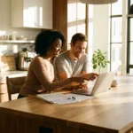 A couple reviews financial documents on a laptop in a bright, modern kitchen, preparing for a mortgage application.