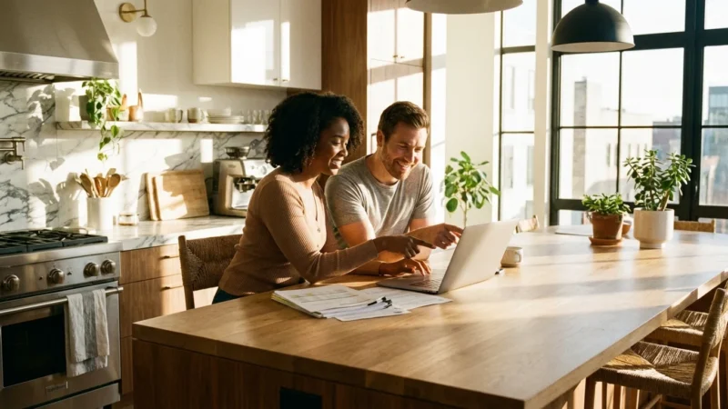 A couple reviews financial documents on a laptop in a bright, modern kitchen, preparing for a mortgage application.