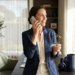 A confident woman in a modern office talking on the phone while holding a credit card, symbolizing successful negotiation.