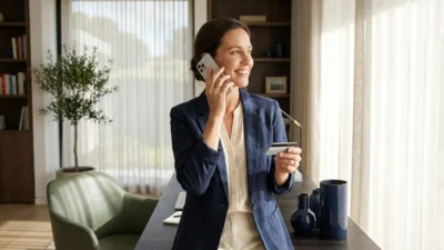 A confident woman in a modern office talking on the phone while holding a credit card, symbolizing successful negotiation.