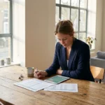 A woman reviewing financial documents in a bright, modern home office.