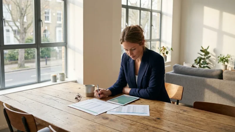 A woman reviewing financial documents in a bright, modern home office.