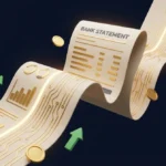 3D render of a stylized digital bank statement unfolding like a map with gold coins and green growth arrows.