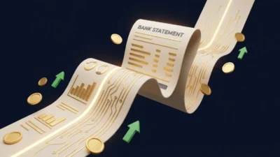 3D render of a stylized digital bank statement unfolding like a map with gold coins and green growth arrows.