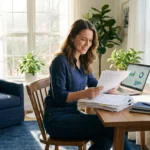 A person in a bright home office reviewing financial paperwork and a laptop with a look of determination.