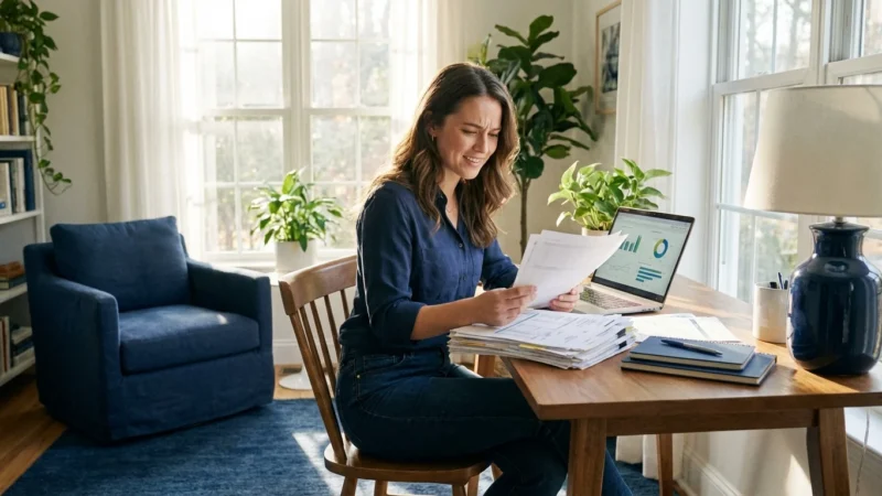 A person in a bright home office reviewing financial paperwork and a laptop with a look of determination.