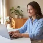 A person smiling confidently while using a laptop in a bright, modern home office.