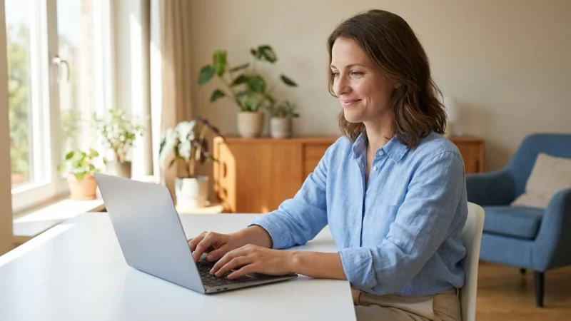 A person smiling confidently while using a laptop in a bright, modern home office.
