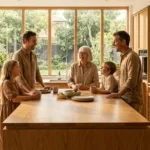 A happy multi-generational family gathering in a bright, modern kitchen, symbolizing shared living benefits.