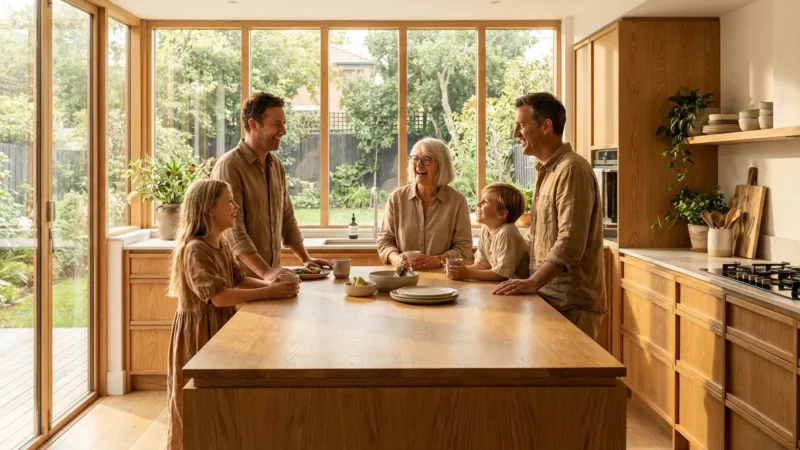 A happy multi-generational family gathering in a bright, modern kitchen, symbolizing shared living benefits.
