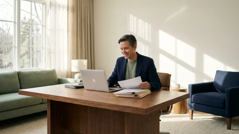 A person in a sunlit home office organizing tax documents and using a laptop.