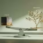 Conceptual scale weighing a heavy concrete labor block against a delicate golden growth tree.