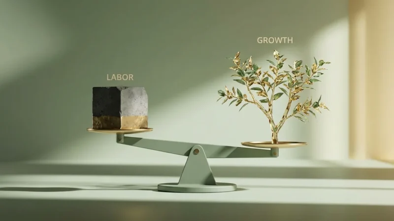 Conceptual scale weighing a heavy concrete labor block against a delicate golden growth tree.