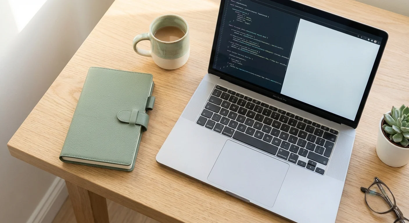A minimalist workspace with a laptop and a handwritten journal, symbolizing hard and soft skills.