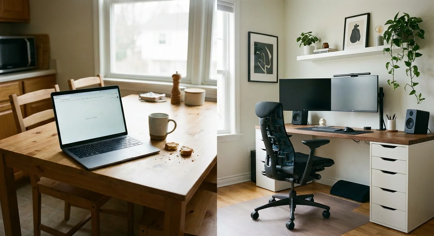 A side-by-side comparison of a casual kitchen table workspace and a professional home office.