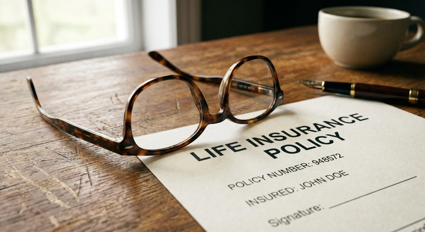 Reading glasses resting on a financial contract on a wooden desk.