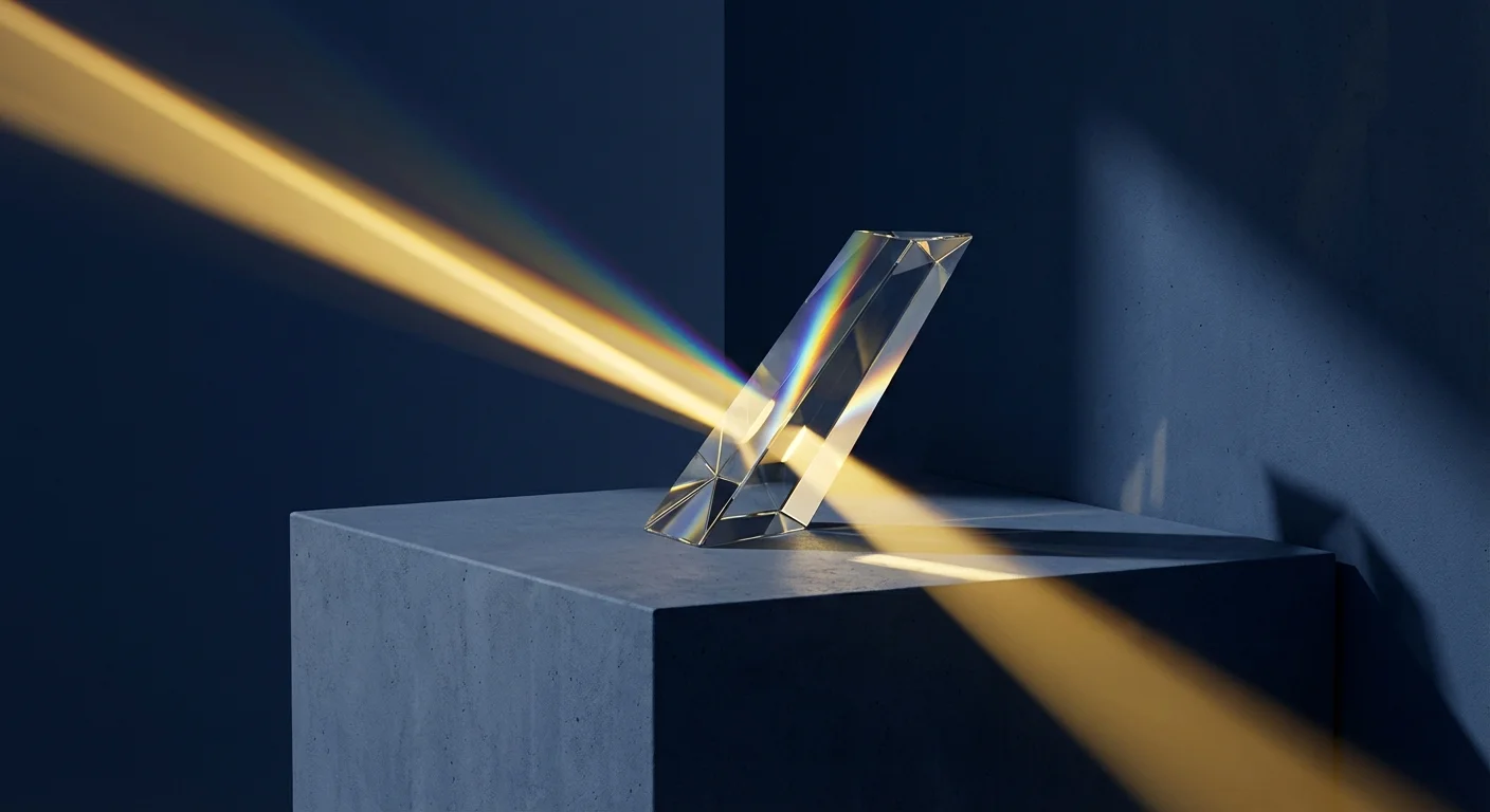 A glass prism splitting a beam of light in a minimalist room, representing financial filtration and taxes.