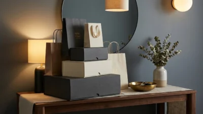 Elegant shopping bags and gift boxes arranged on a console table in a modern home