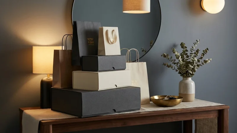 Elegant shopping bags and gift boxes arranged on a console table in a modern home