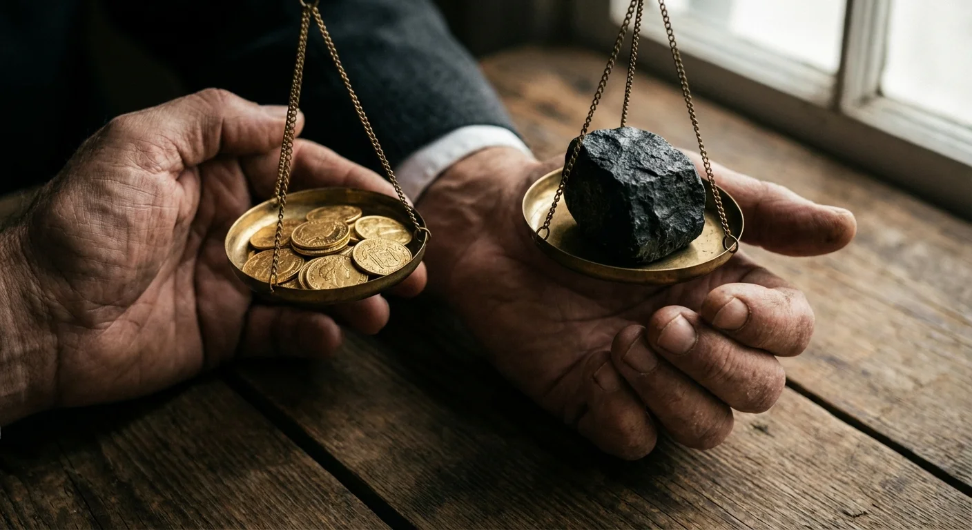 Macro shot of hands holding a scale where a single dark stone outweighs a pile of gold coins.