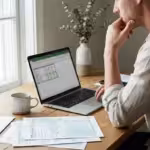 Focused man reviewing tax forms and financial spreadsheets on a laptop at a bright desk