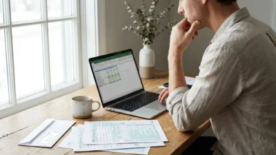 Focused man reviewing tax forms and financial spreadsheets on a laptop at a bright desk