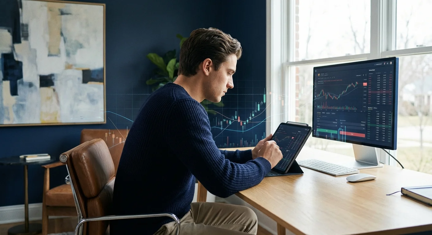 A young man focused on a tablet in a modern home office.