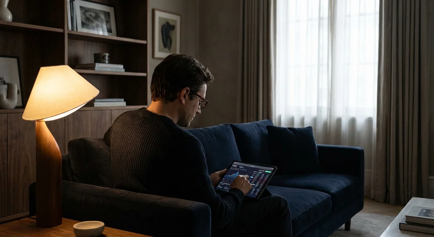 A person looking concerned while reviewing financial data on a tablet.