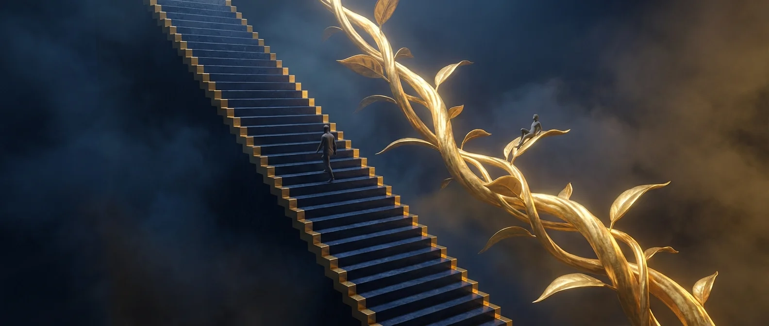 Two paths side-by-side: a solid staircase and a climbing golden vine in a clean, modern space.