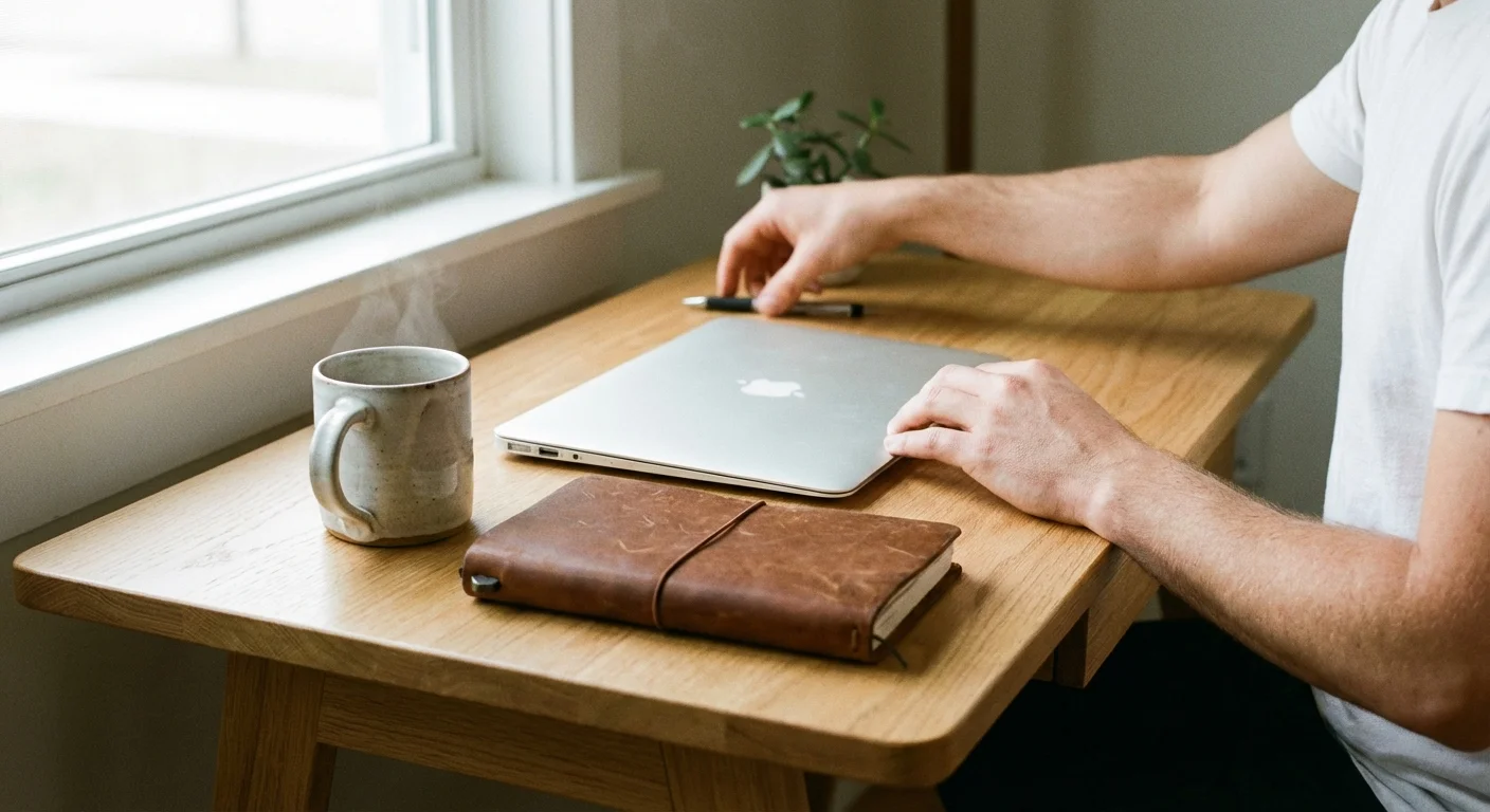 Organized desk with a laptop and notebook, representing financial preparation.