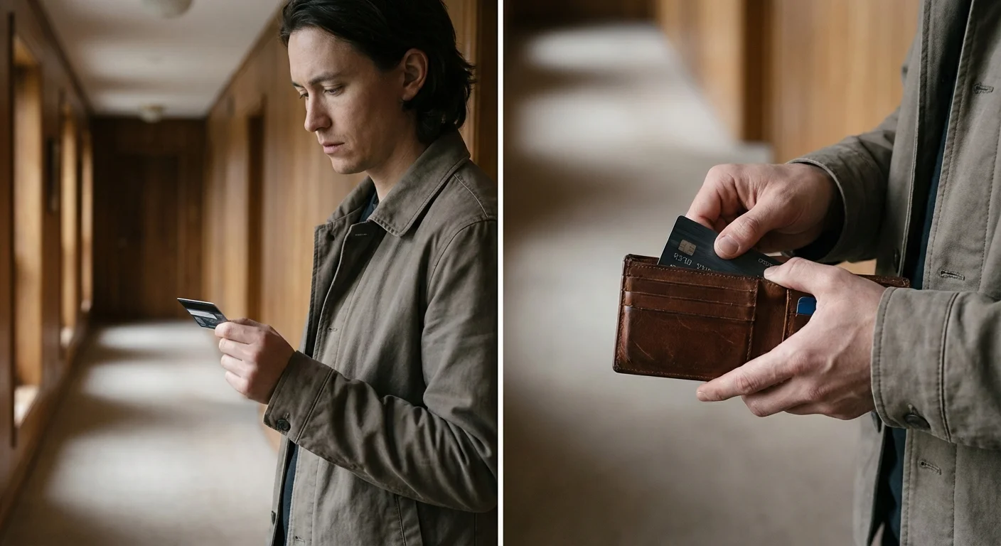 A person thoughtfully placing a credit card back into their wallet.