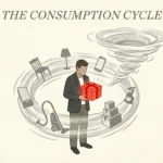 Man holding a red gift box while surrounded by a swirling vortex of household products.