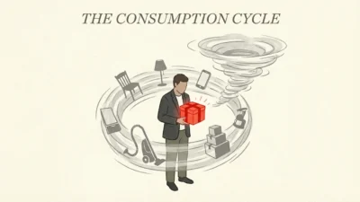 Man holding a red gift box while surrounded by a swirling vortex of household products.