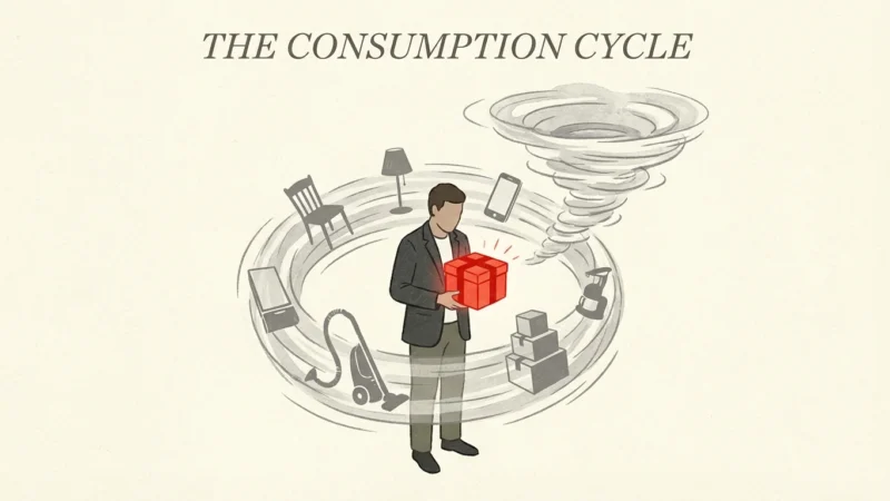 Man holding a red gift box while surrounded by a swirling vortex of household products.
