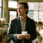 A man holding a shopping list stands in a grocery store surrounded by fresh produce crates.