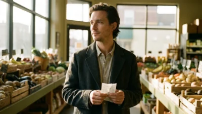 A man holding a shopping list stands in a grocery store surrounded by fresh produce crates.