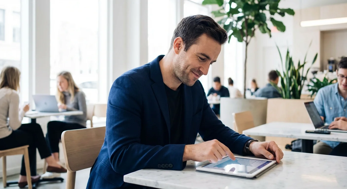 A man reviews career information on a tablet in a bright, modern cafe setting.