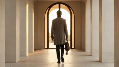 Back view of a man walking through an arched hallway toward bright golden light