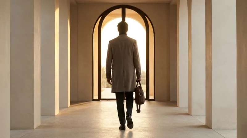 Back view of a man walking through an arched hallway toward bright golden light