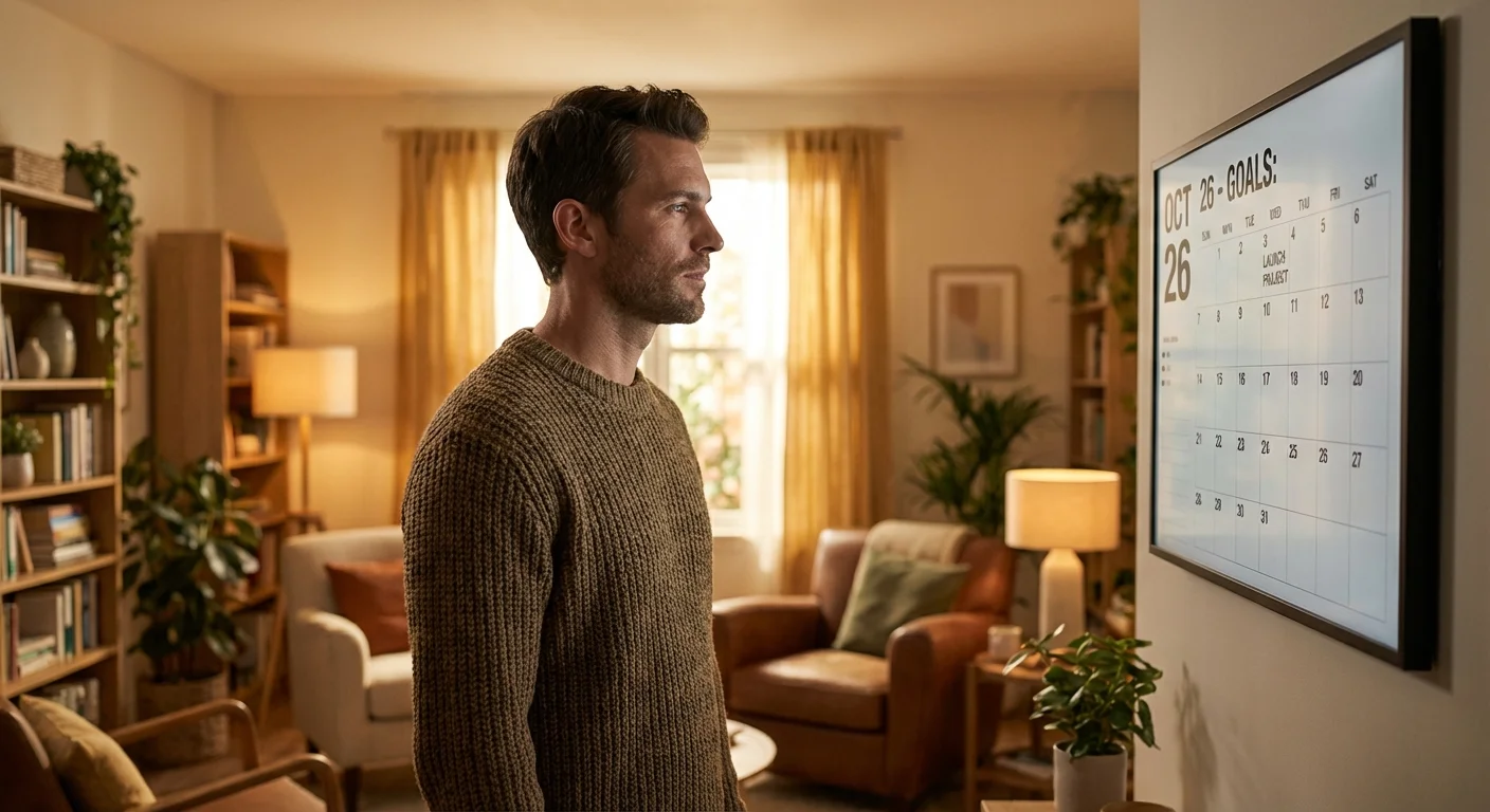 A man thoughtfully looking at a calendar in a bright, modern living room.