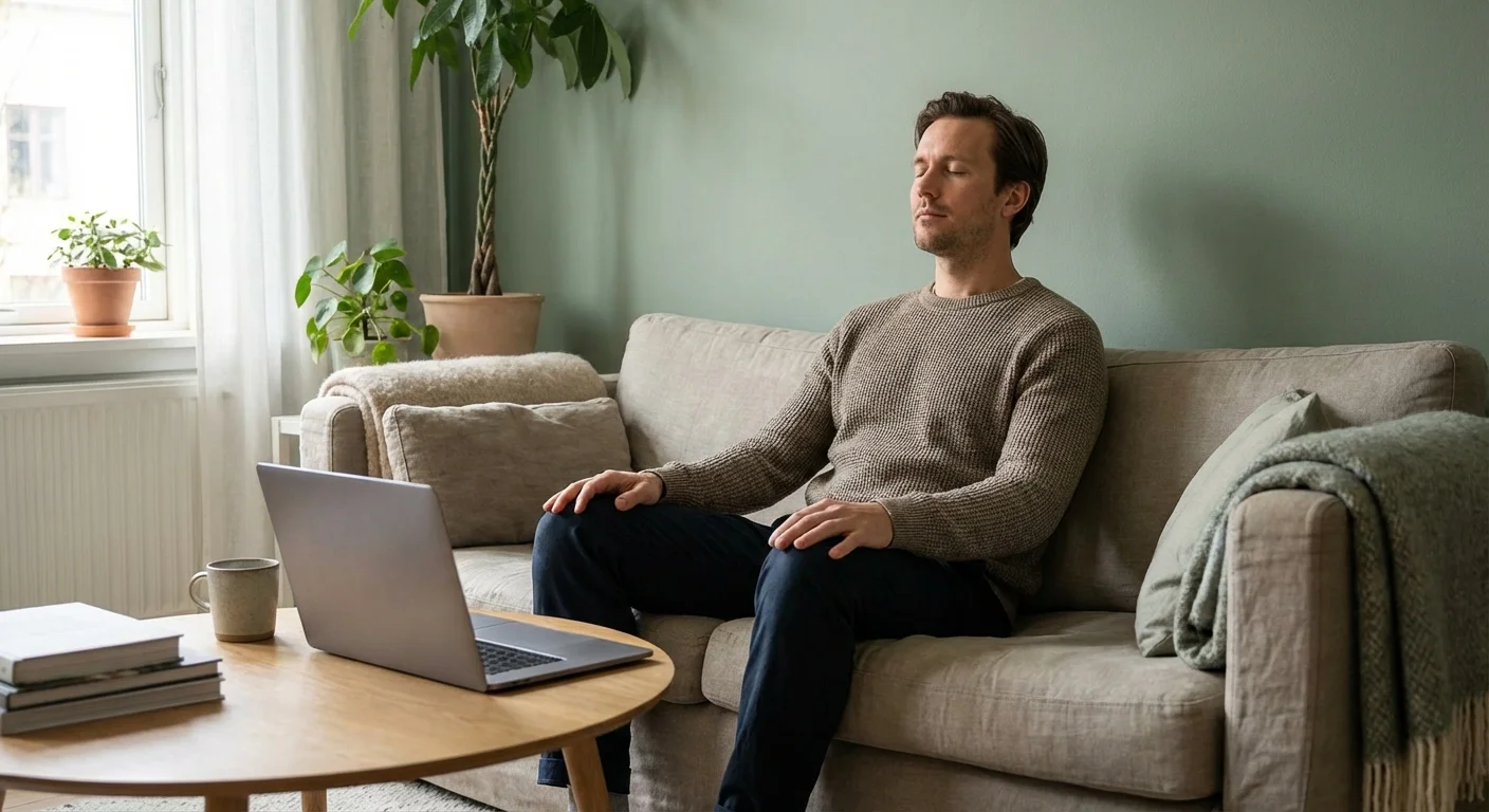 A man practicing mindful breathing with a closed laptop nearby.