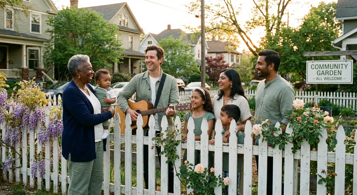 Neighbors talking over a fence in a sunny neighborhood, representing community networking.