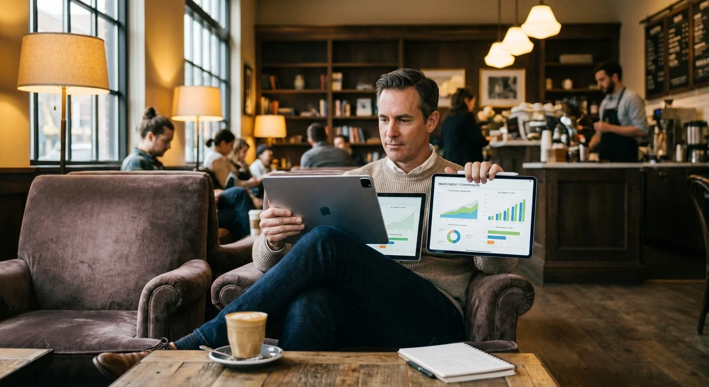 A person comparing financial options on two tablets in a cafe.
