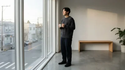 A man stands by a large window holding a mug in a minimalist modern room.