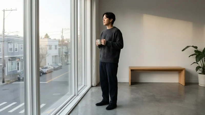 A man stands by a large window holding a mug in a minimalist modern room.