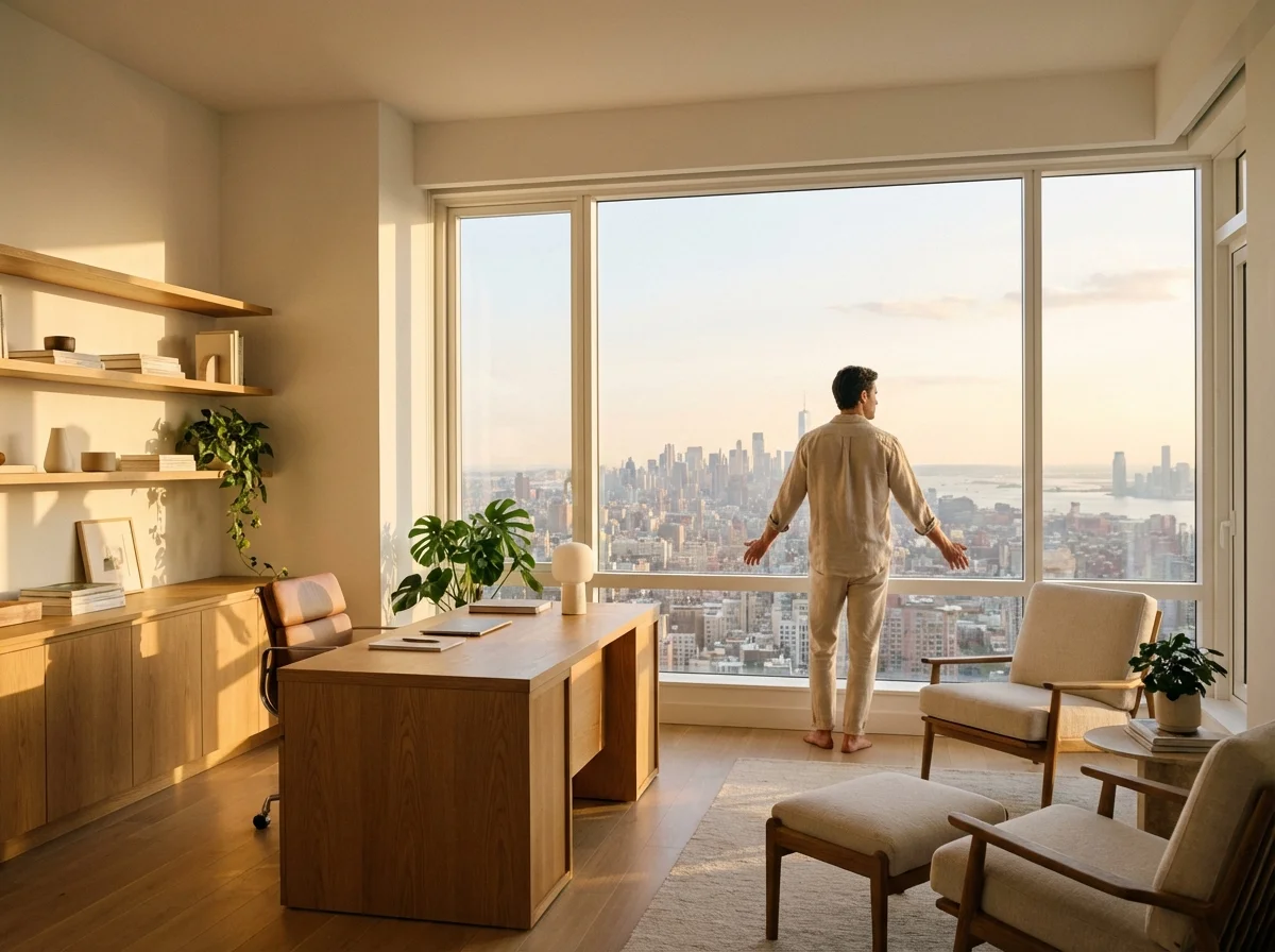 A person looking out a window from a clean, modern home office.